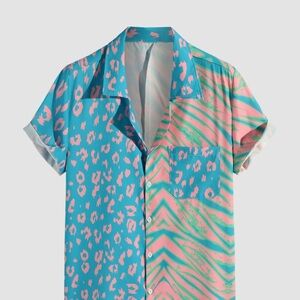 Blue and Pink Casual Button Down Shirt with Vibrant Patterns